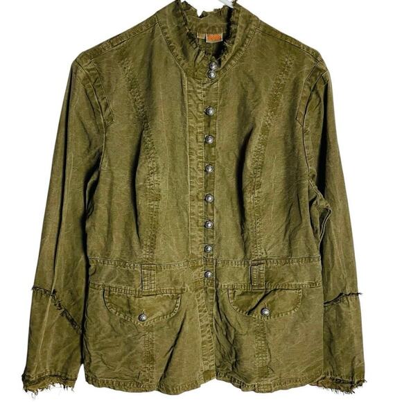 Tianello 100% Tencel Morocan Jacket Womens L Army Green Distressed Raw Seams - Picture 1 of 13